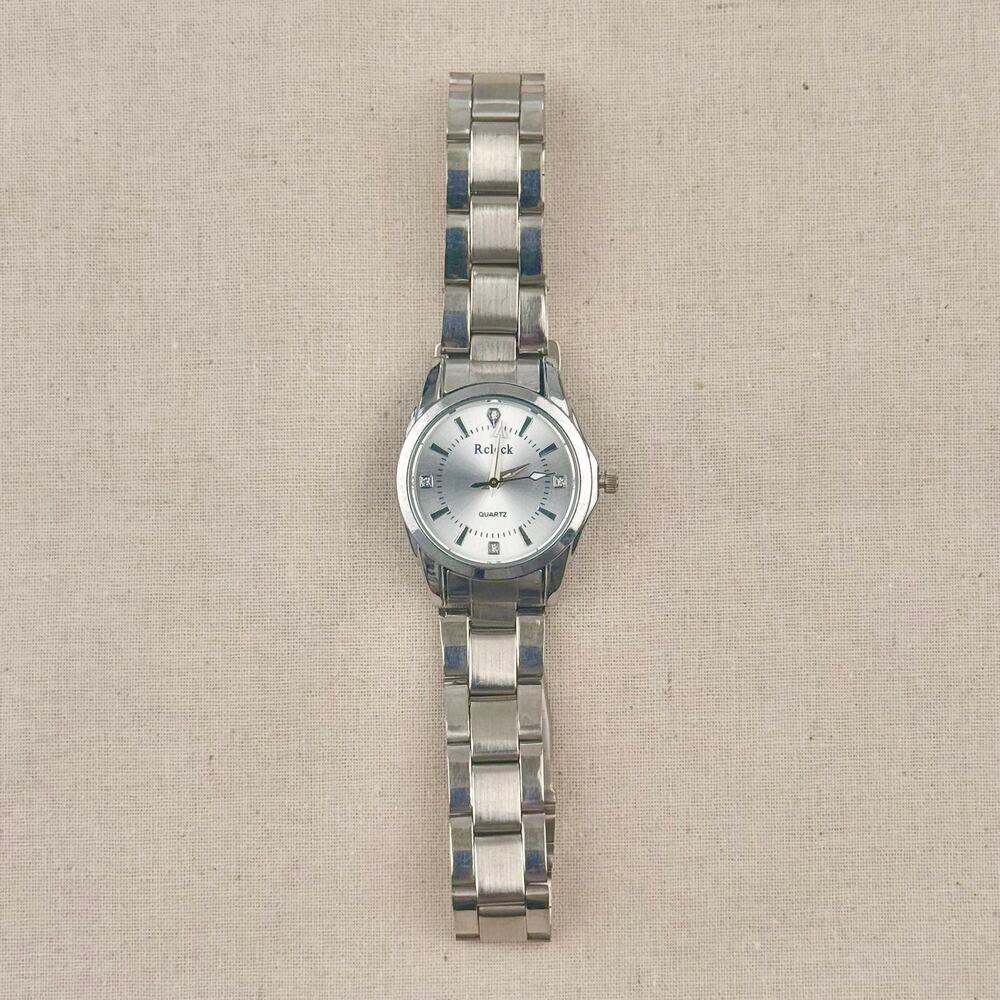 Y2K Silver Quartz Watch with Rhinestone Markers Unisex 8.5" New - Picture 2 of 8